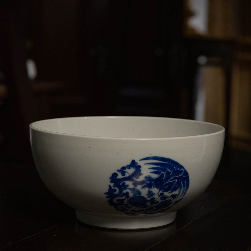 清代青花团凤牡丹纹大碗文玩古董收藏青花瓷器艺术品摆件青花碗