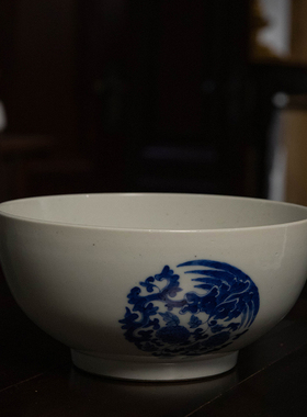 清代青花团凤牡丹纹大碗文玩古董收藏青花瓷P器艺术品摆件青花碗
