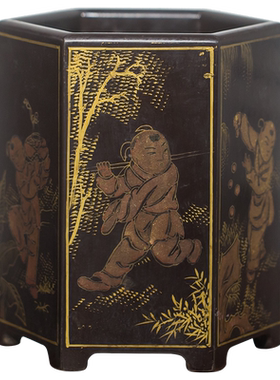 清代黑漆描金婴戏图六角雅器文玩