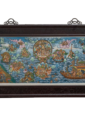 红木镶粉彩西方极乐图瓷板画挂屏