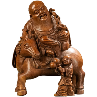 清代竹雕童子献寿摆件老物件古董收藏竹制艺术品中式桌面祝福摆件