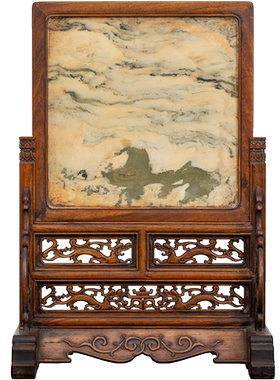 红木镶云石透雕螭龙纹插屏