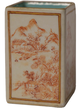 清代矾红彩山水纹方形笔筒
