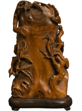 清代黄花梨雕福寿纹随形笔筒