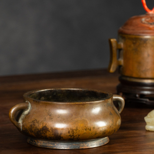 清代铜蚰耳圈足炉老物件文玩古董铜器收藏中式艺术品真品香炉摆件