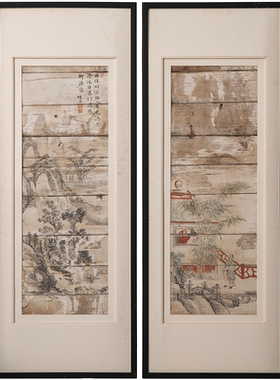 清代木板彩绘山水人物画板