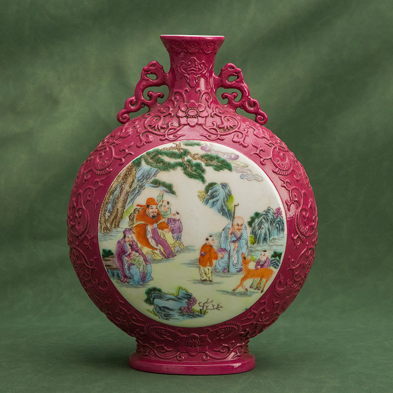 清代胭脂红地开窗粉彩人物故事抱月瓶文玩古董瓷器艺术品摆件真品