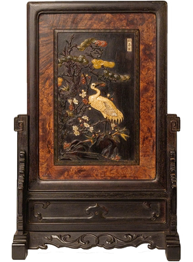 清代紫檀镶瘿木百宝嵌鹤寿图插屏