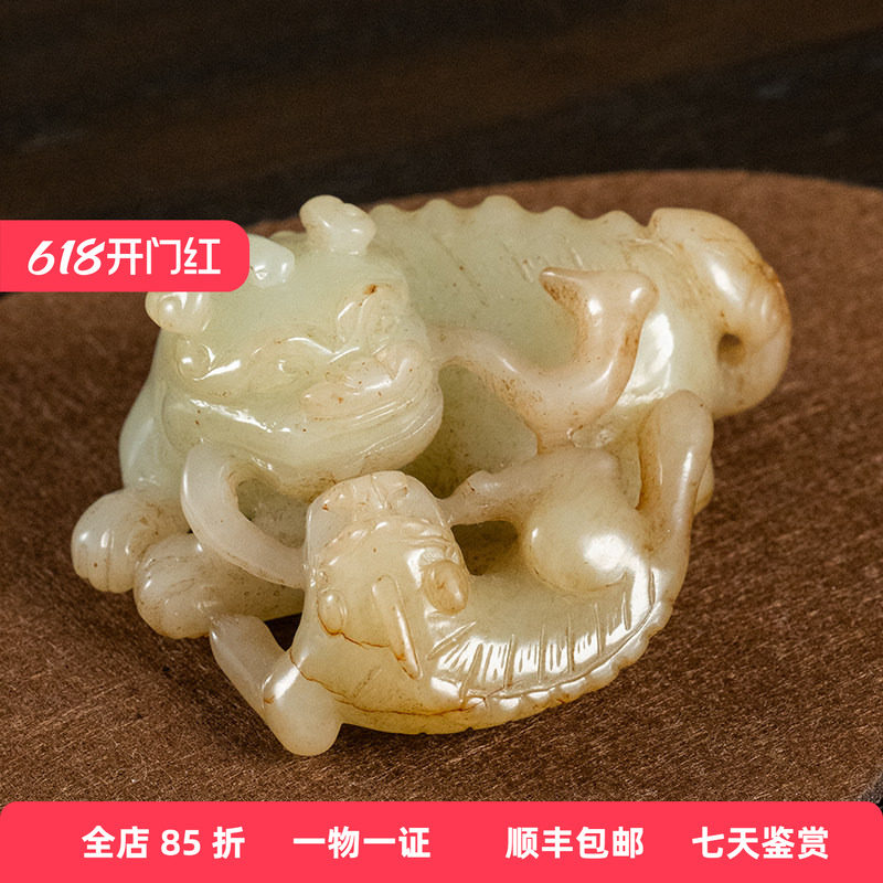 清代玉雕子母瑞兽把件老物件古董玉器收藏天然和田玉雕摆件95.4g