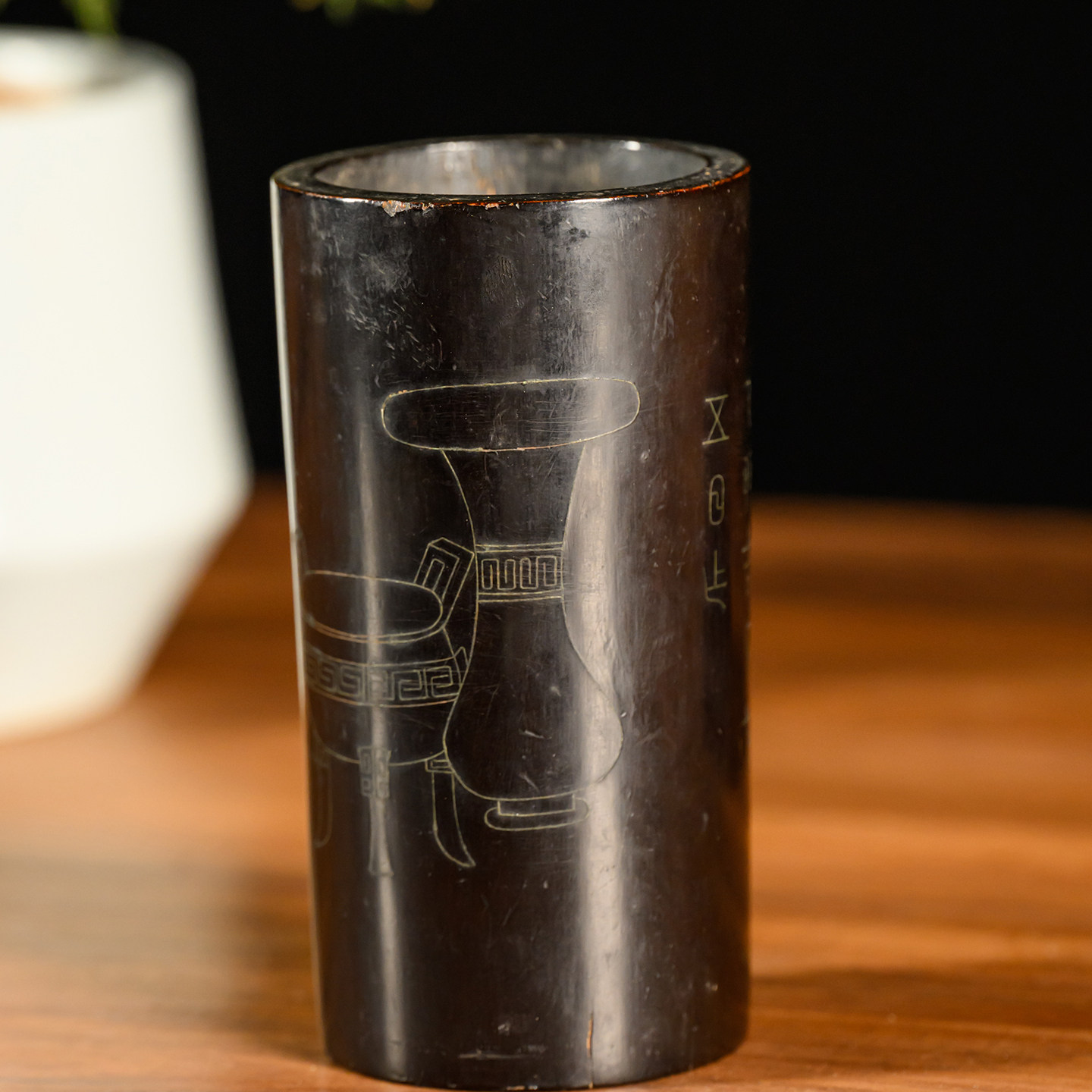 清代漆器嵌银丝金石诗文笔筒文玩古董收藏文房雅器大漆艺术品摆件