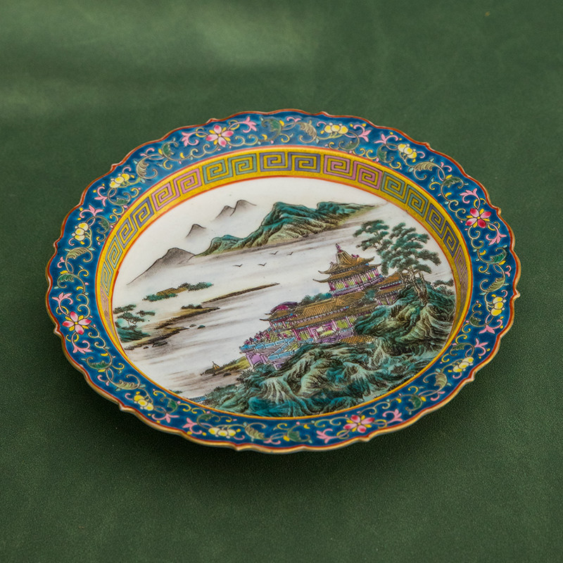 清代 珐琅彩山水纹葵口盘老物件文玩古董瓷器艺术品摆件收藏真品