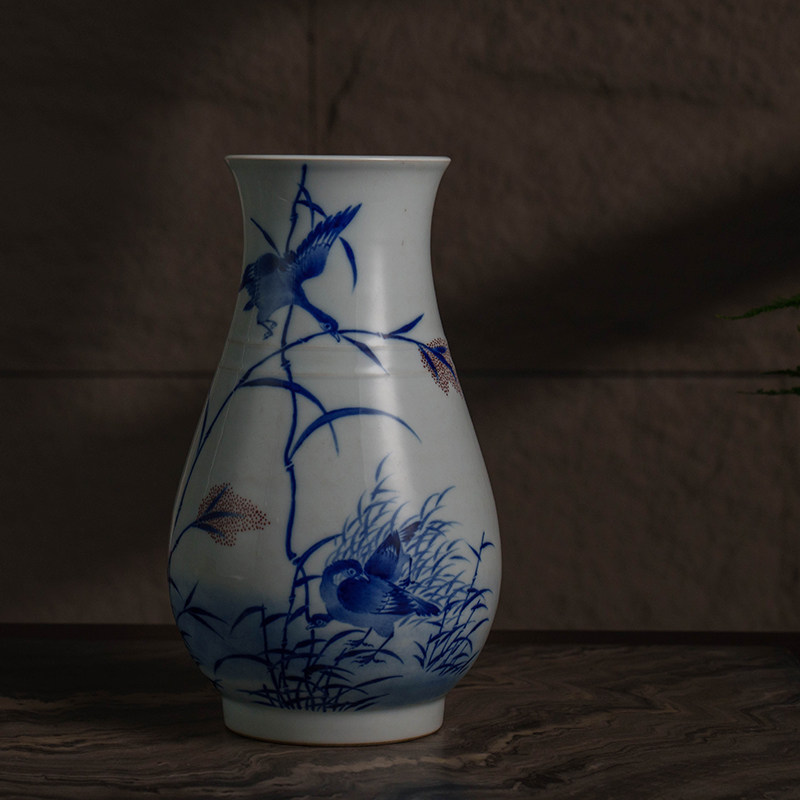 清代青花苇深落雁花瓶文玩古董收藏青花瓷器艺术品客厅装饰摆件