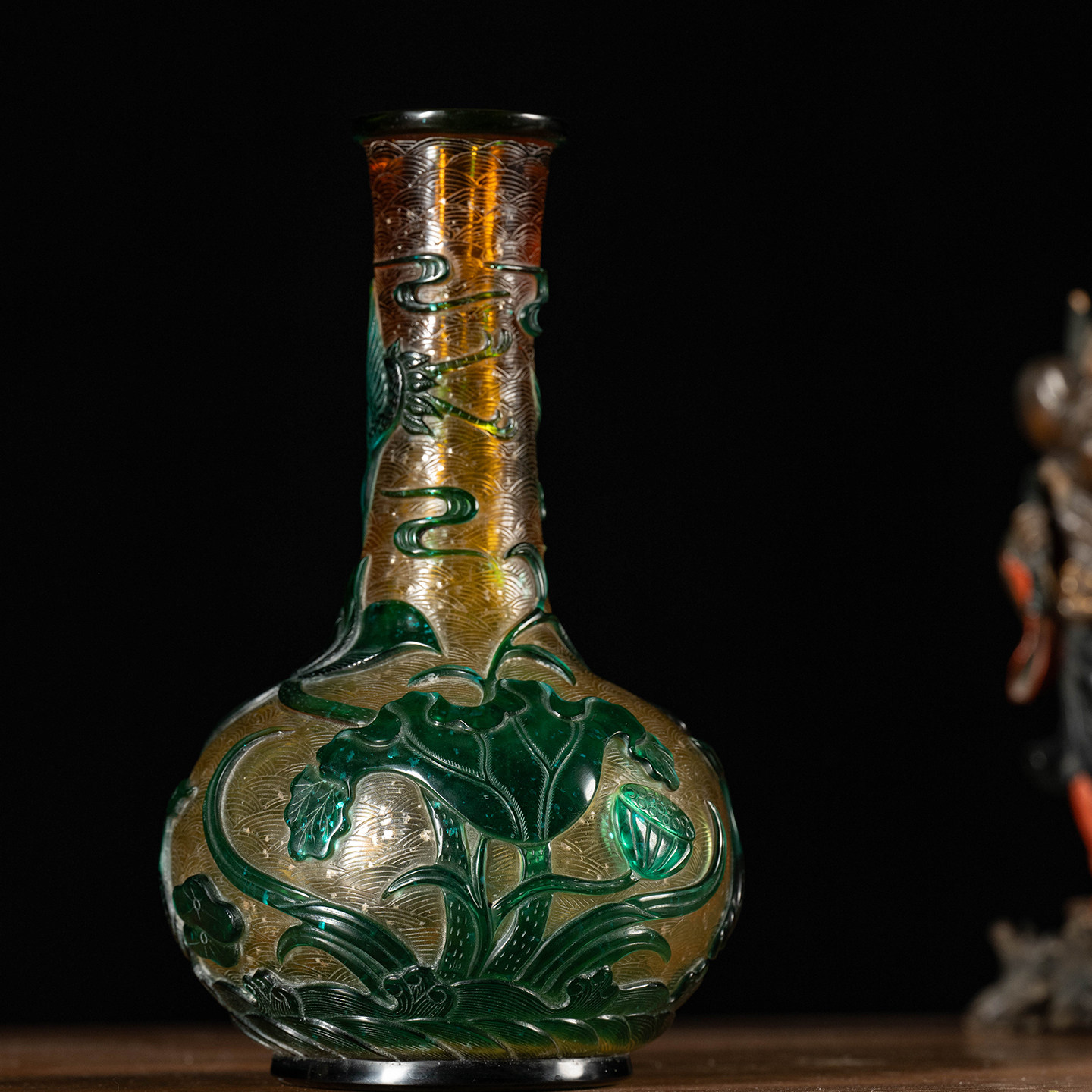 清代茶色地套绿料器一路连科花瓶古董收藏真品艺术品中式赏瓶摆件