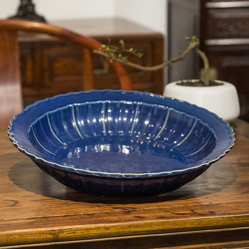 清代 霁蓝釉暗莲纹葵口大盘文玩古董收藏客厅办公室中式瓷器摆件