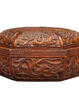 竹雕螭凤纹六角盖盒摆件