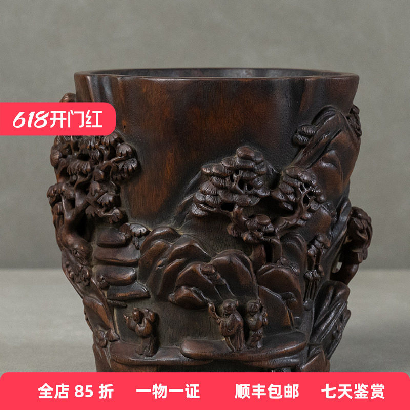 清代沉香木雕山水人物笔筒古董收藏文房雅器书房桌面摆件沉香笔筒