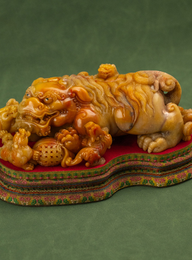 寿山石雕太狮少狮摆件