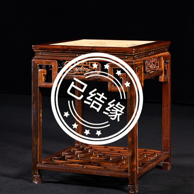 清代红木镶云石透雕蝠纹方桌