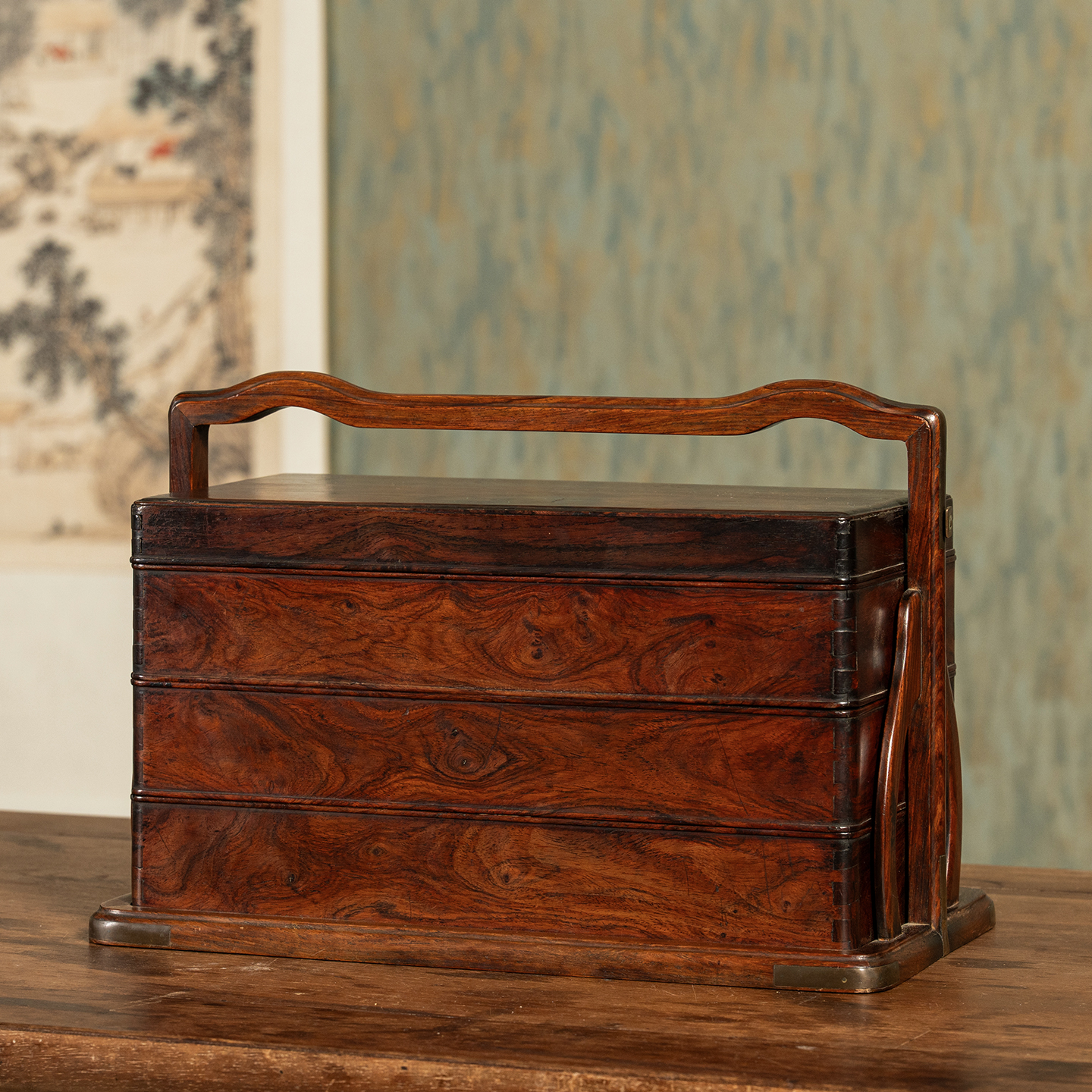 清早期黄花梨三撞提梁盒文玩古董收藏中式摆件海南黄花梨文房盒