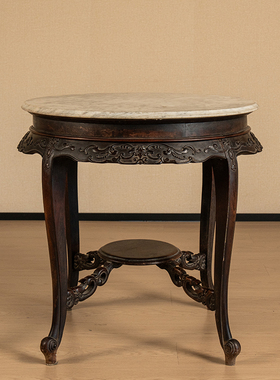 红木浮雕花卉纹三弯腿石面圆台