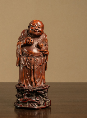 竹雕戏狮罗汉（红木座）