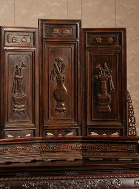 清中期黄花梨嵌黄杨博古图座屏