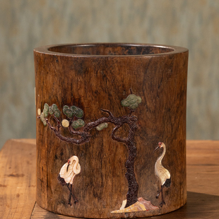 明代黄花梨百宝嵌松鹤延年笔筒古董摆件收藏海南黄花梨笔筒