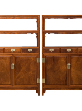 花梨木带屉双层亮格柜（一对）