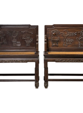 清代红木背屏式博古纹宝座（一对）明清古典家具收藏古董红木椅子