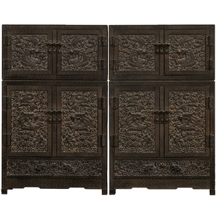 二十世纪紫檀满雕戏水龙纹四件柜摆件（一对）小叶紫檀书柜摆件