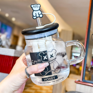 水杯男款大容量高颜值办公室女生带把手玻璃杯特粗吸管耐高温杯子