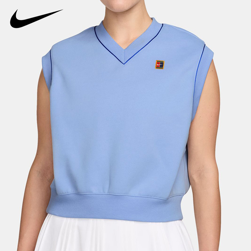 Nike耐克天蓝色V领无袖网球上衣女运动休闲背心学院风网球训练服