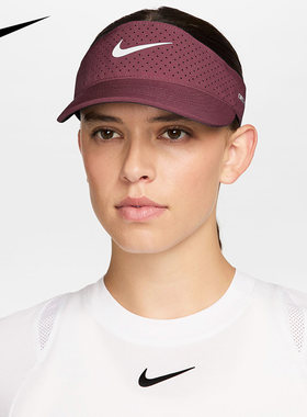 Nike耐克空顶网球帽男女款透气时尚防晒运动帽酒红色无顶帽遮阳帽