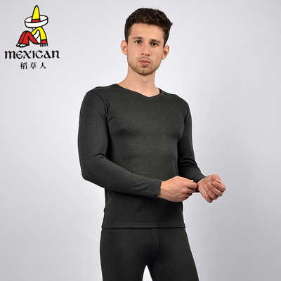 稻草人新款男士双面绒保暖内衣套装加绒中厚V领德绒秋衣秋裤24133