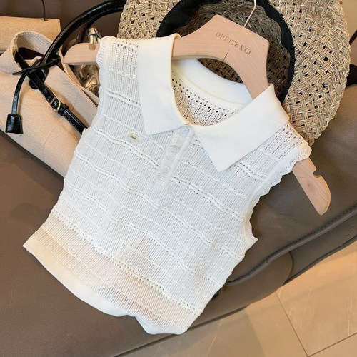 背心女外穿夏白色polo领针织衫无袖T恤新款韩系简约气质0628d1