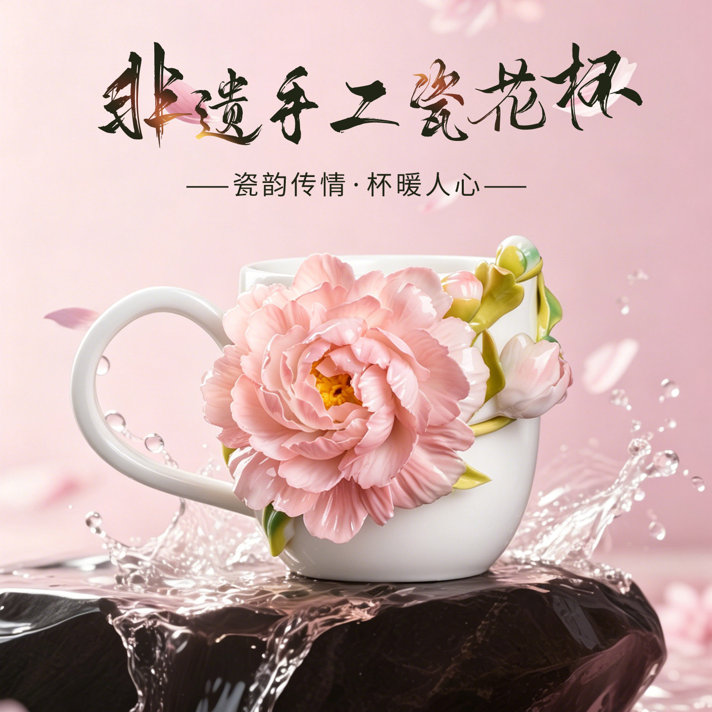 非遗手工牡丹瓷花咖啡水杯有意义生日母亲节520礼物送妈妈女朋友