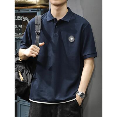 夏季重磅假两件Polo衫短袖t恤男宽松大码男士潮牌新款半袖体恤衫