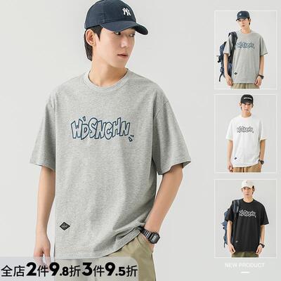 WOODSOON潮牌T恤夏季纯棉重磅男士短袖上衣宽松字母百搭运动体恤