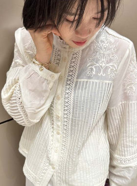 精致减龄款~ 轻薄透气丝棉木耳领法式刺绣衬衫女重工打条通勤上衣