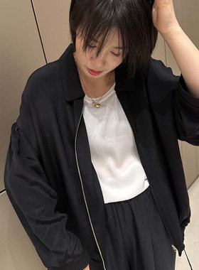 时髦高级垂感 重磅重绉32姆米~真丝翻领宽松廓版好搭黑色短外套女