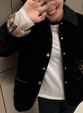 经典英伦风 复古灯芯绒翻领撞色内格纹高级感真丝绒菱格棉服外套