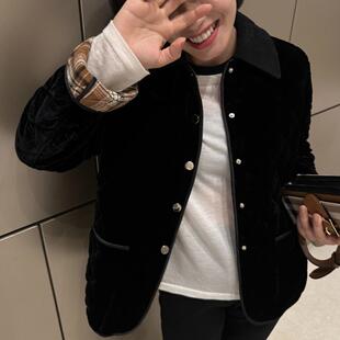 经典英伦风 复古灯芯绒翻领撞色内格纹高级感真丝绒菱格棉服外套