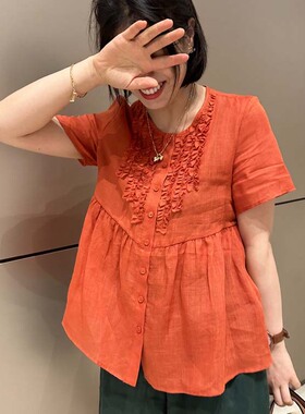 断码 轻氧呼吸感 优雅捏褶木耳边圆领短袖薄透衬衫女苎麻宽松上衣