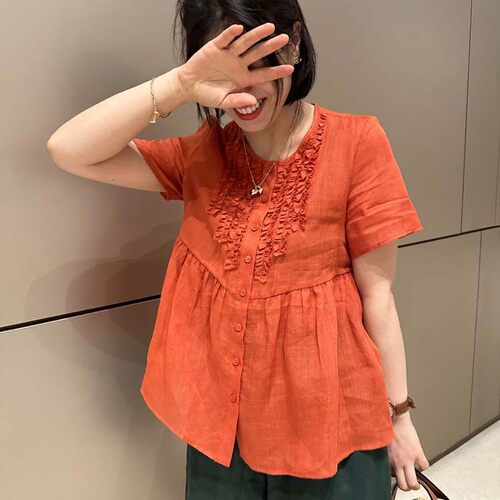 胖小妮的春天百搭短袖苎麻上衣女