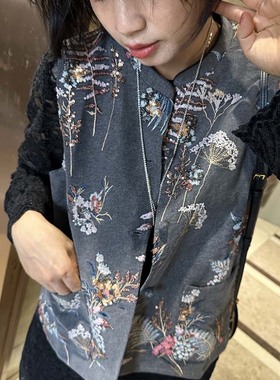 中式美学~重工刺绣亮片混搭撞色盘扣立领牛仔外套马甲轻国风上衣