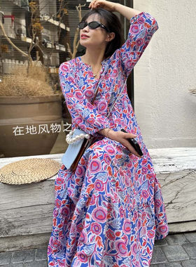 美艳到JI致 气质小碎花V领花苞袖套头宽松轻盈真丝连衣裙飘逸长裙