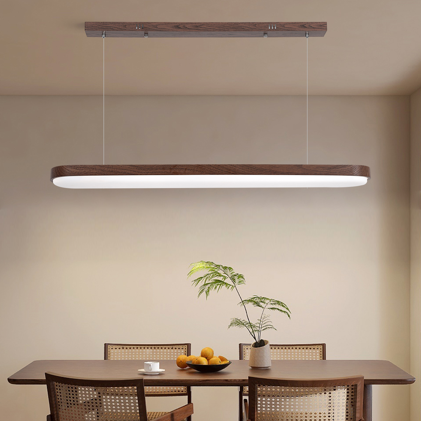 胡桃色餐厅护眼光源吊灯侘寂风新中式奶油风一字长条餐厅吧台灯具