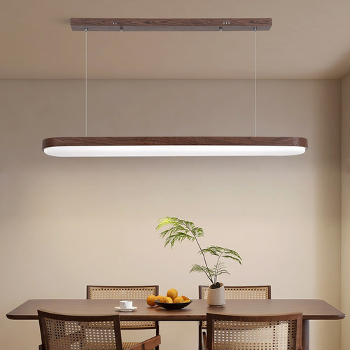 胡桃色餐厅护眼光源吊灯侘寂风新中式奶油风一字长条餐厅吧台灯具