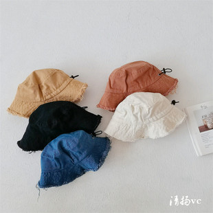 原宿风儿童帽子个性做旧毛边乞丐帽男女童渔夫帽纯色小宝宝遮阳帽