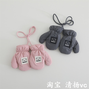 韩版可爱儿童手套冬季男女童户外夹棉保暖包套男宝宝挂脖连指手套